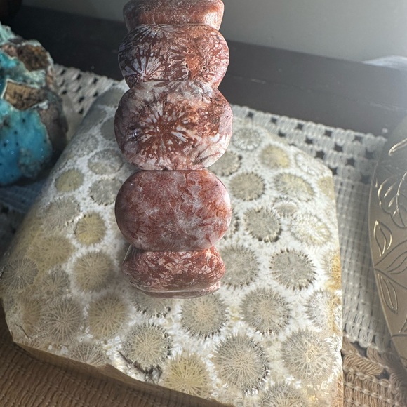 Coral Fossil Agate Beaded Elastic Bracelet - Picture 9 of 11